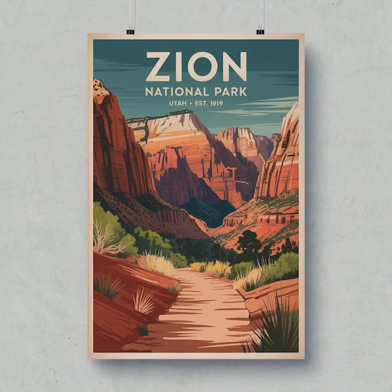 Zion National Park Utah Retro Red Canyon Trail Travel Poster