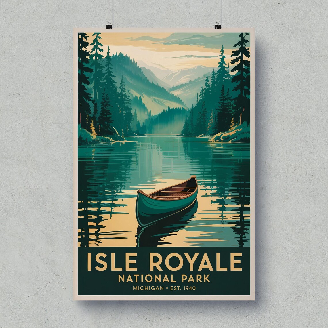 Isle Royale National Park Vintage Michigan Canoe Lake Forest Travel Poster