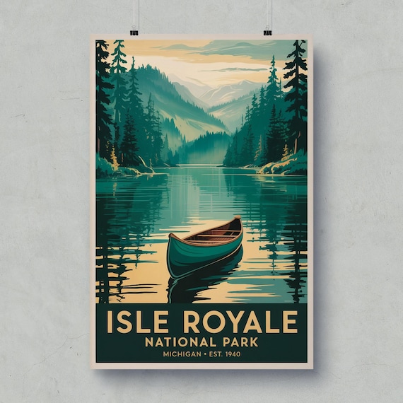 Isle Royale National Park Vintage Michigan Canoe Lake Forest Travel Poster