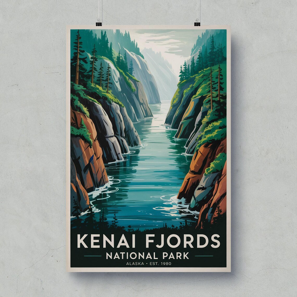 Kenai Fjords National Park Vintage Alaska Fjord Canyon Travel Poster