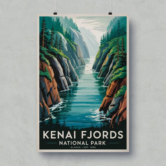 Kenai Fjords National Park Vintage Alaska Fjord Canyon Travel Poster