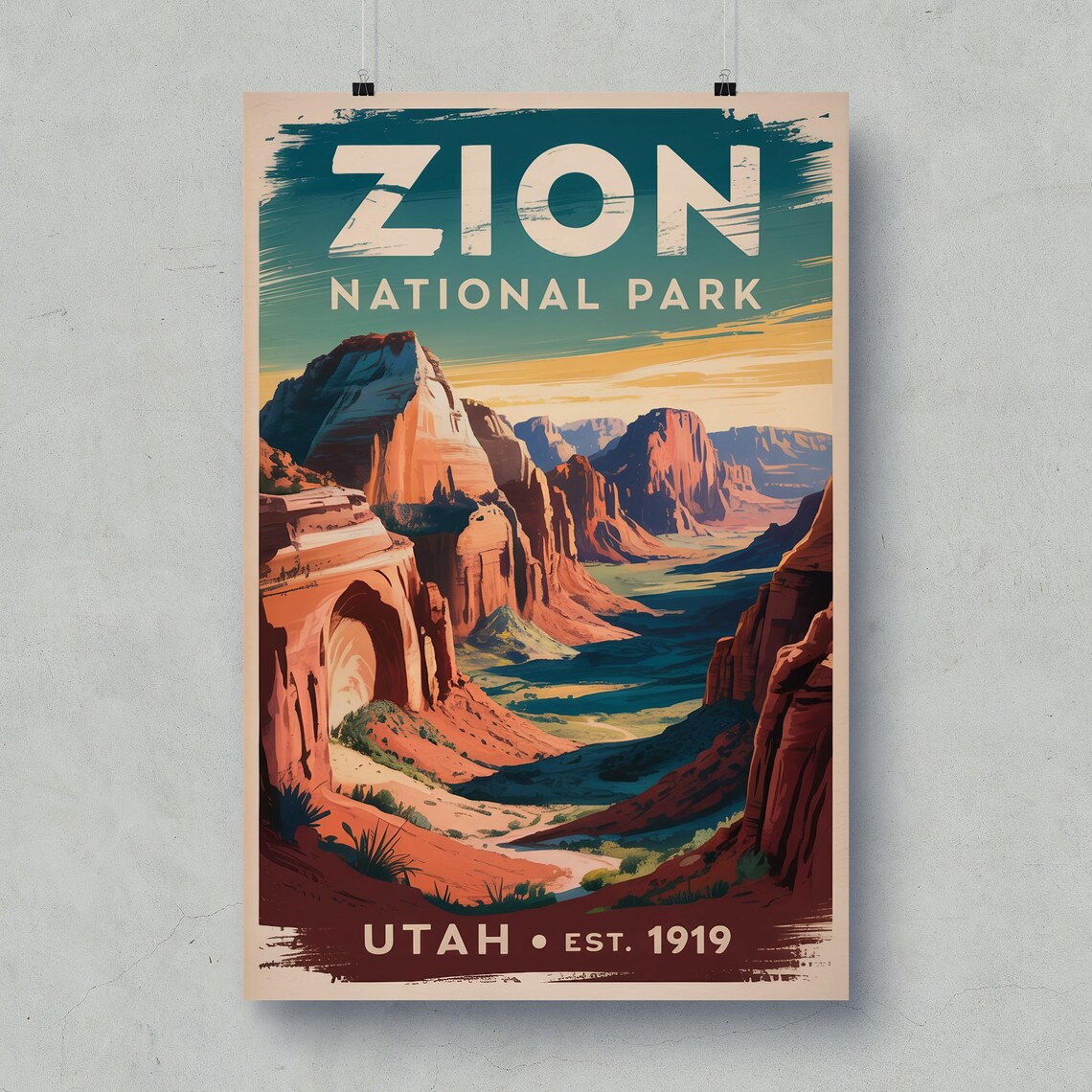 Zion National Park Vintage Utah Red Rock Canyon Desert Travel Poster