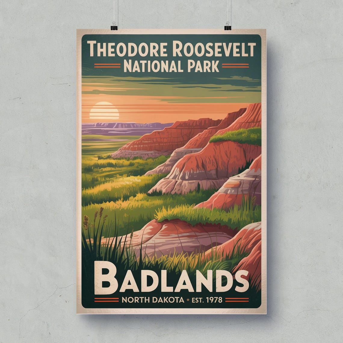 Theodore Roosevelt National Park Badlands Vintage Travel Poster