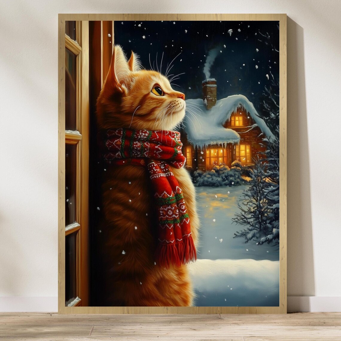 Adorable Orange Cat In Red Scarf Watching Snowy Night Poster