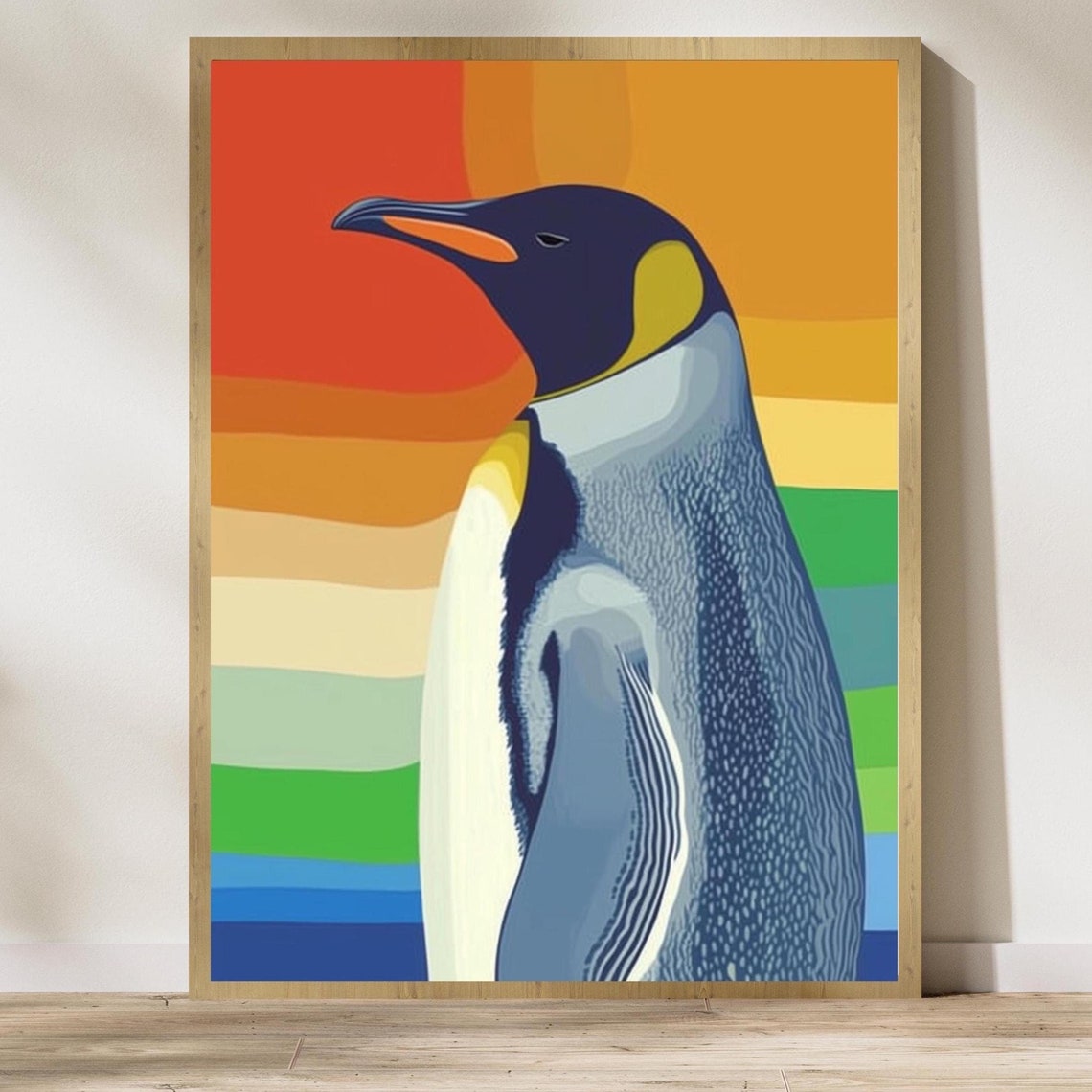 King Penguin Portrait Rainbow Sunset Colorful Pop Art Style Poster