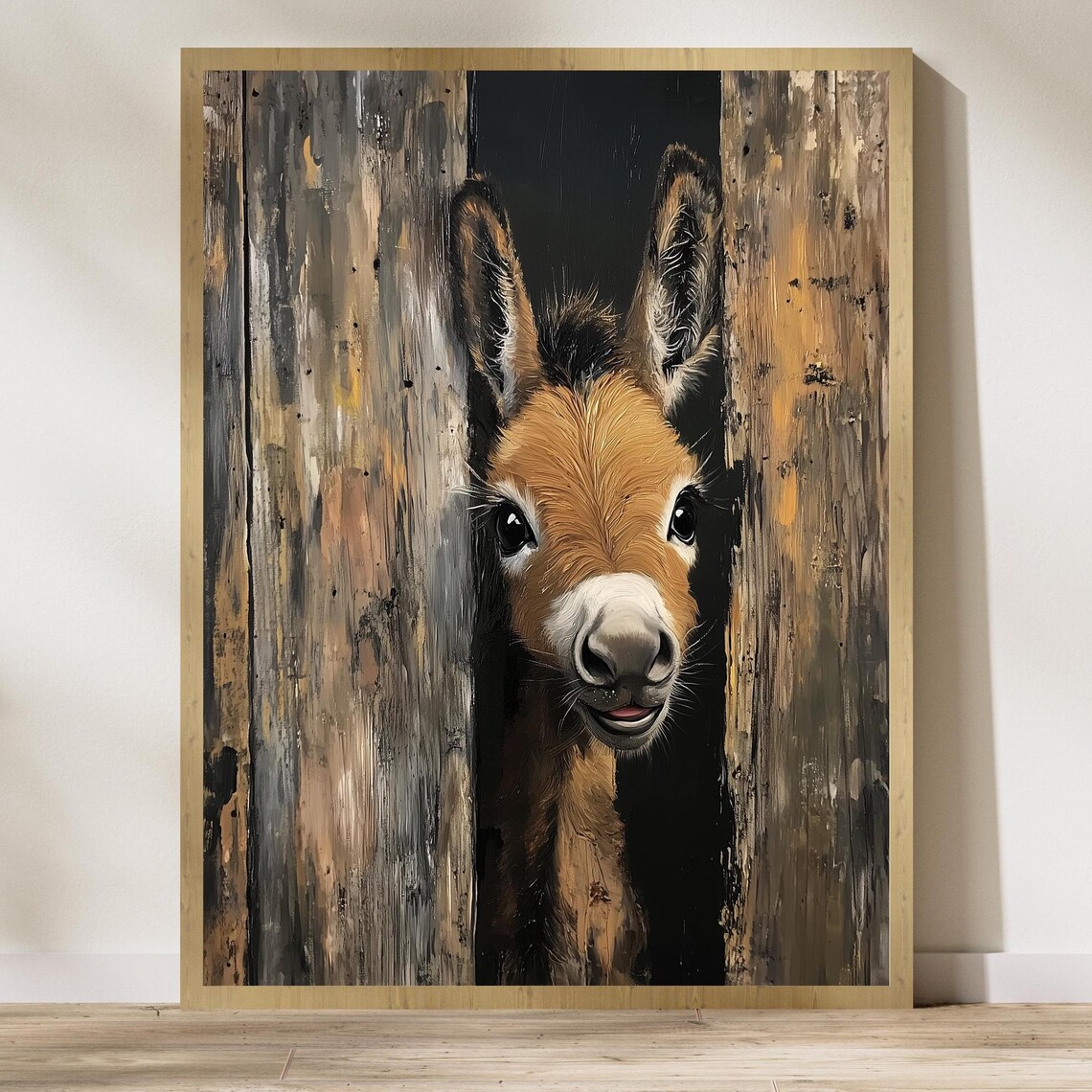 Baby Donkey Peeking From A Wooden Barn Rustic Farmhouse Animal Poster