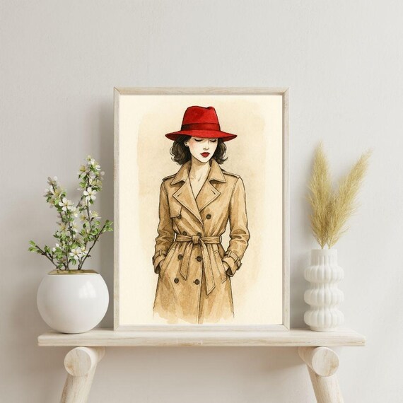 Woman in Red Fedora Hat and Beige Trench Coat Watercolor Fashion Poster