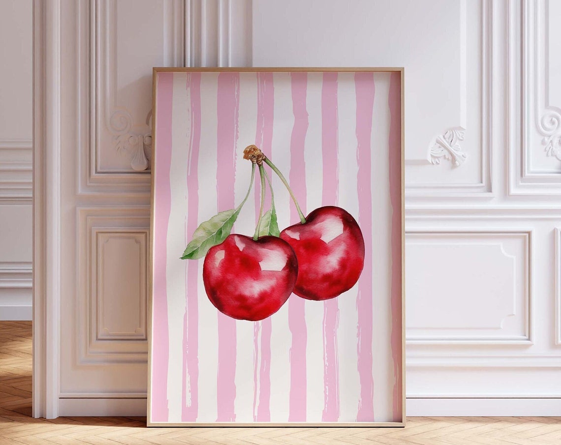 Cherry Watercolor Wall Art with Red Cherries on Pink Stripes