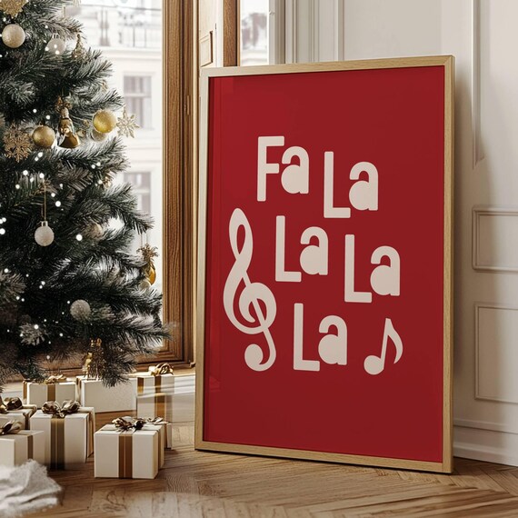 Fa La La La La Red Christmas Carol Sheet Music Style Holiday Poster