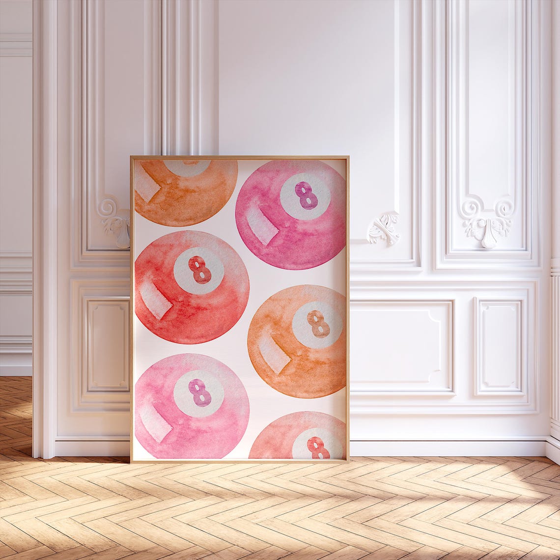Pink and Orange Watercolor Eight Ball Pattern Game Room Trendy Poster - Image 2