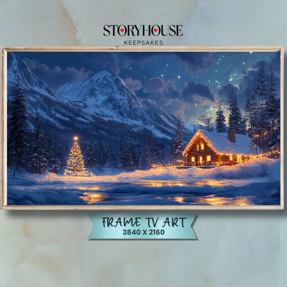 Christmas Frame Tv Art Samsung For Winter Cozy Landscape Impressionist Starlit Cabin