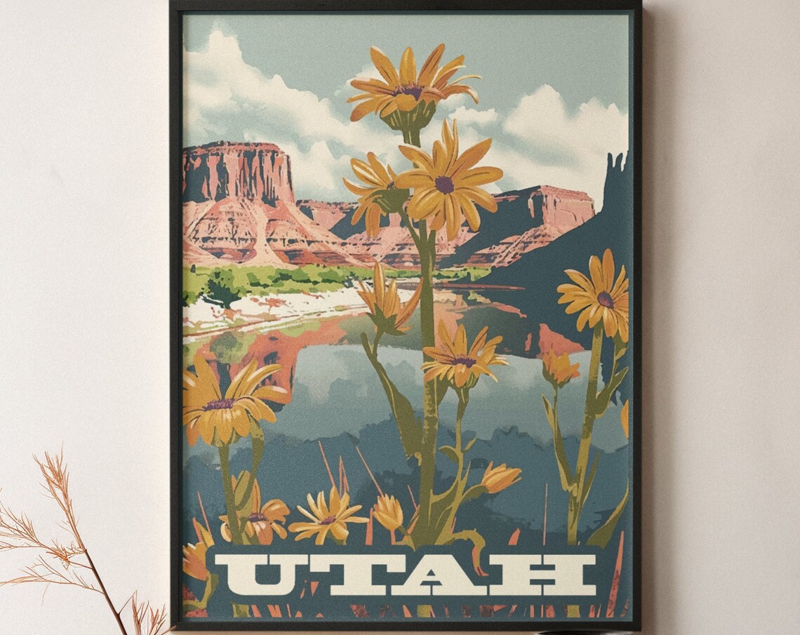 Utah Red Rock Mesa Canyon Desert Wildflowers Vintage Travel Poster