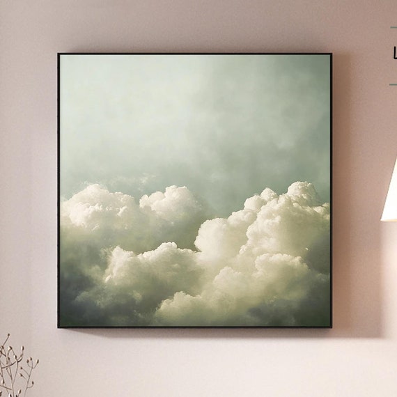 Original White Cloud Painting White Cloud Abstract Painting On Minimalist Sky Wall Art Green White Cloud Wall Art Bedroom Wall Decor