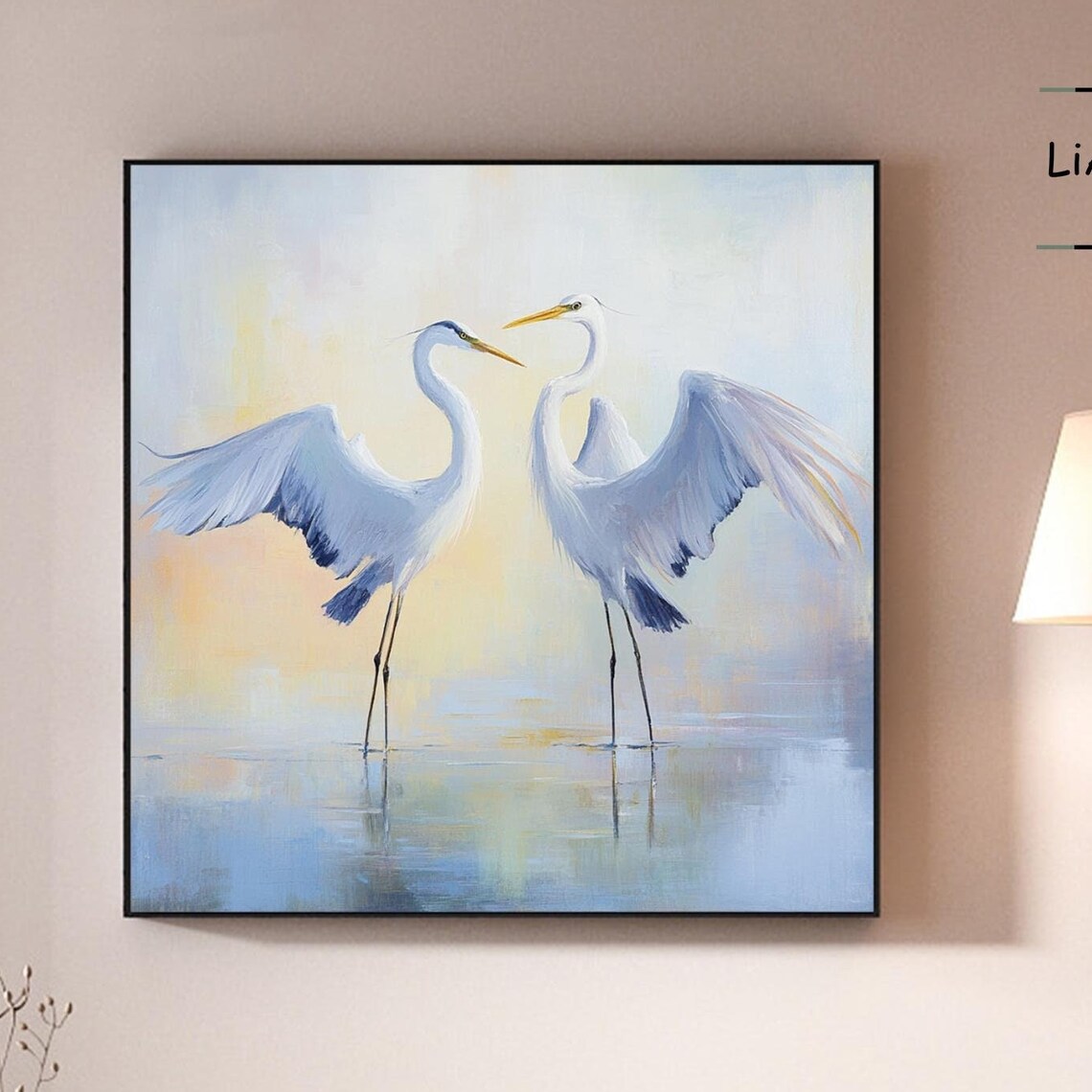 Two White Herons Wings Spread Pastel Water Bird Art Wall Poster
