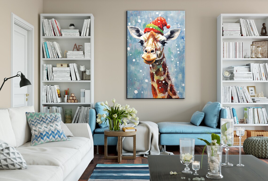 Whimsical Giraffe In Santa Hat Snowy Winter Fun Animal Art Wall Poster - Image 2