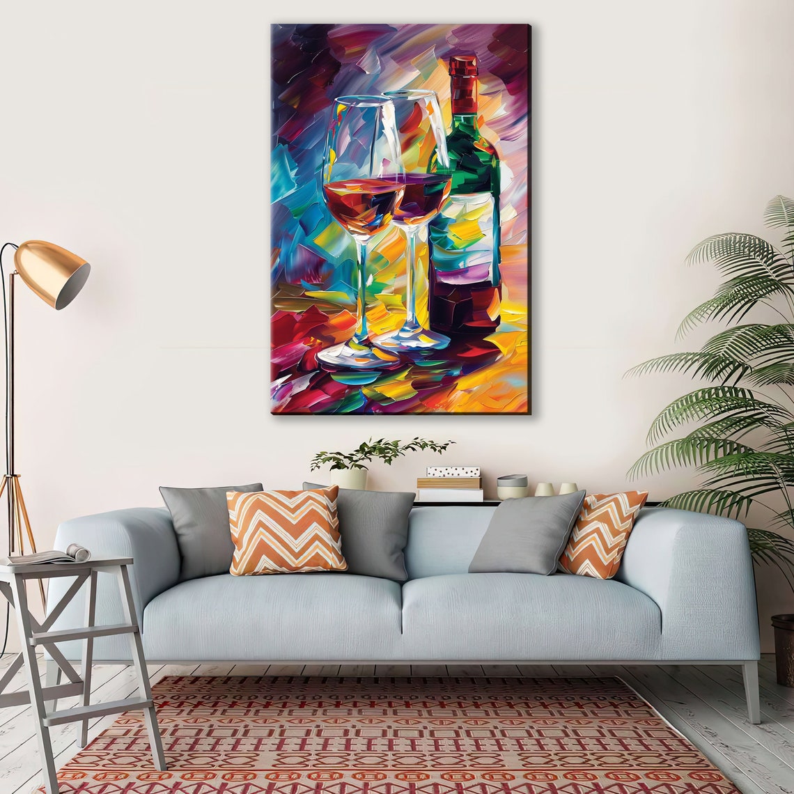 Abstract Red Wine Bottle Two Glasses Colorful Impasto Kitchen Poster - Image 3