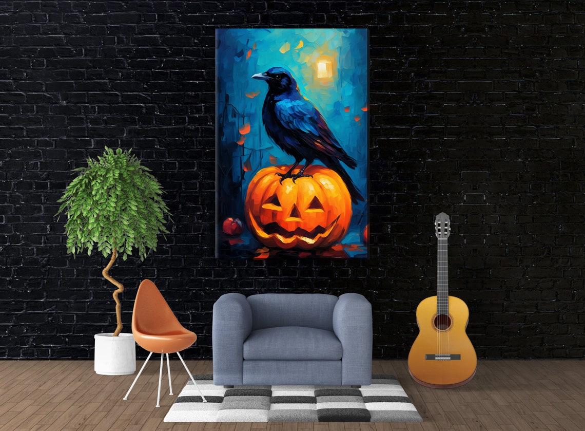 Black Crow on Jack O Lantern Halloween Night Spooky Art Poster - Image 3