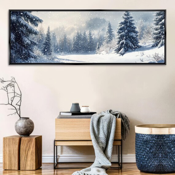 Tranquil Snow Pine Tree Forest Long Horizontal Art Framed Unframed Gallery Wrapped Gicle Ready To Hang Extra Large Wall Art