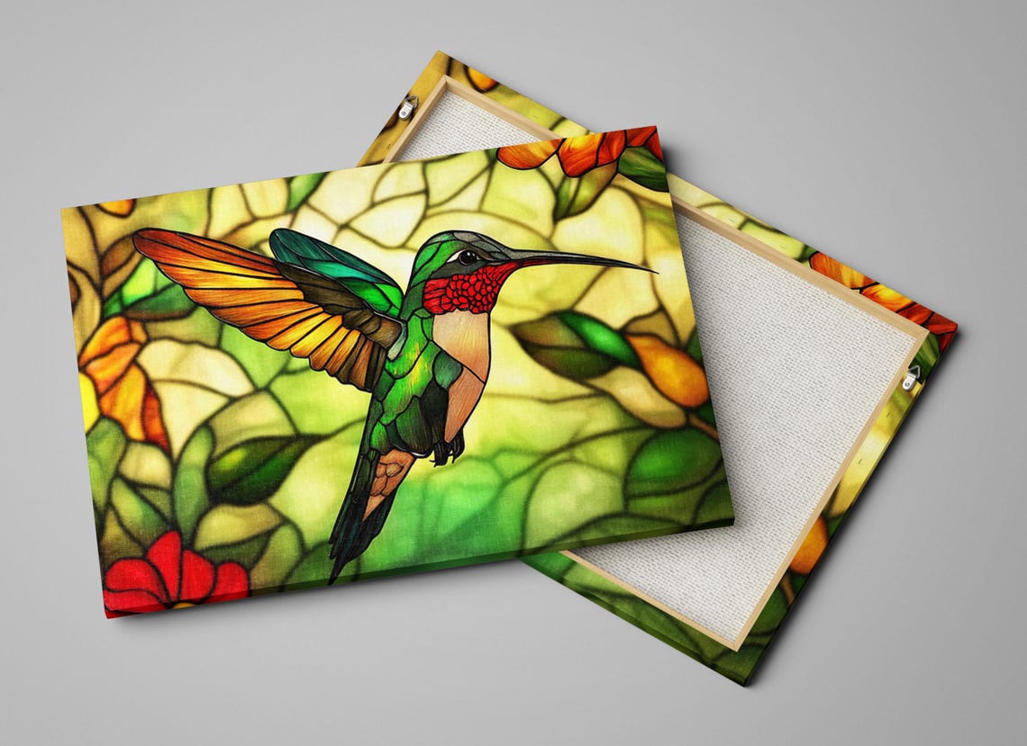 Stained Glass Style Hummingbird Flying Amber Glow Background Bird Art - Image 2