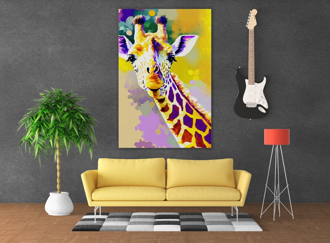 Giraffe Portrait Golden Yellow Purple Watercolor Style Animal Poster - Image 2