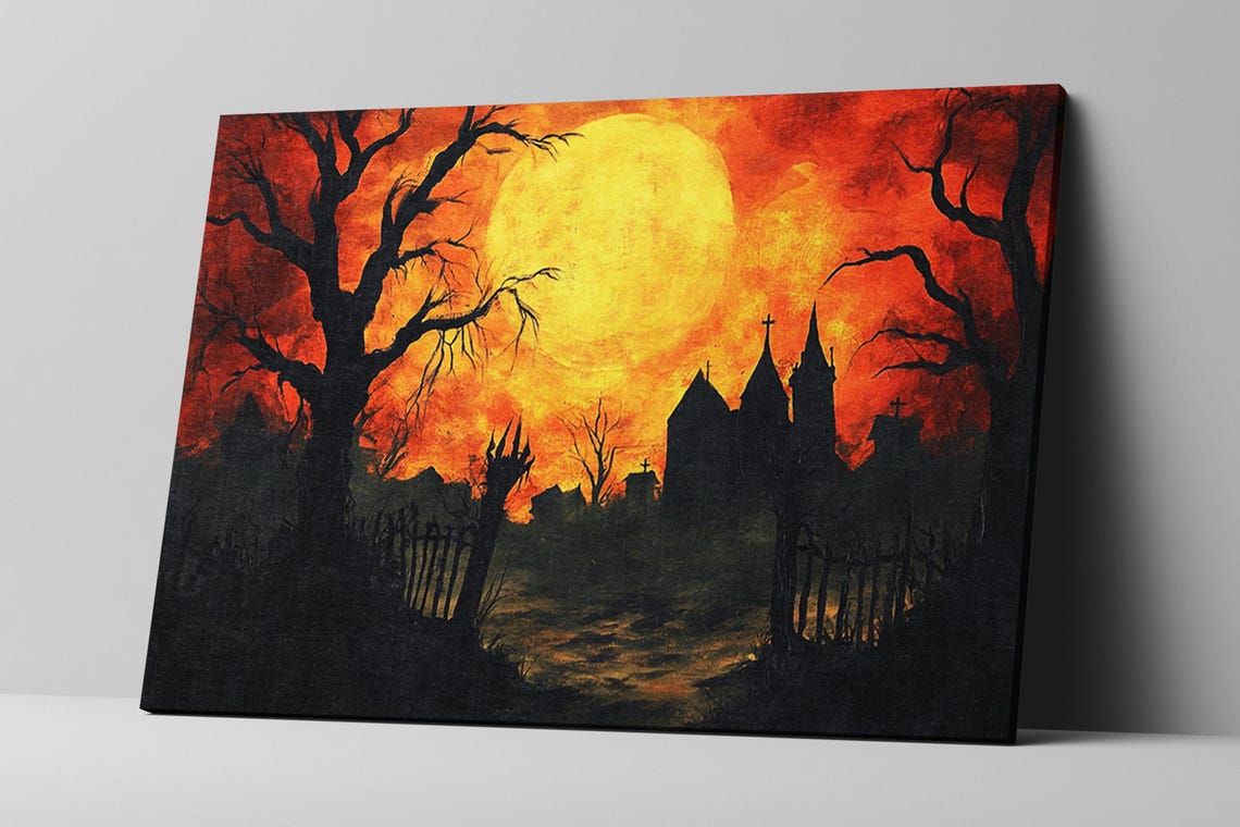 Eerie Halloween Haunted House Sunset Orange Sky Bats Spooky Wall Art - Image 2