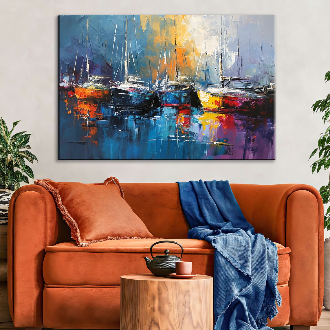 Sailboats Docked Harbor Blue Orange Impressionist Reflection Poster - Image 2