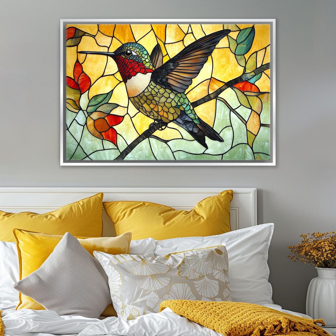 Stained Glass Style Hummingbird Perched On Branch Amber Light Art