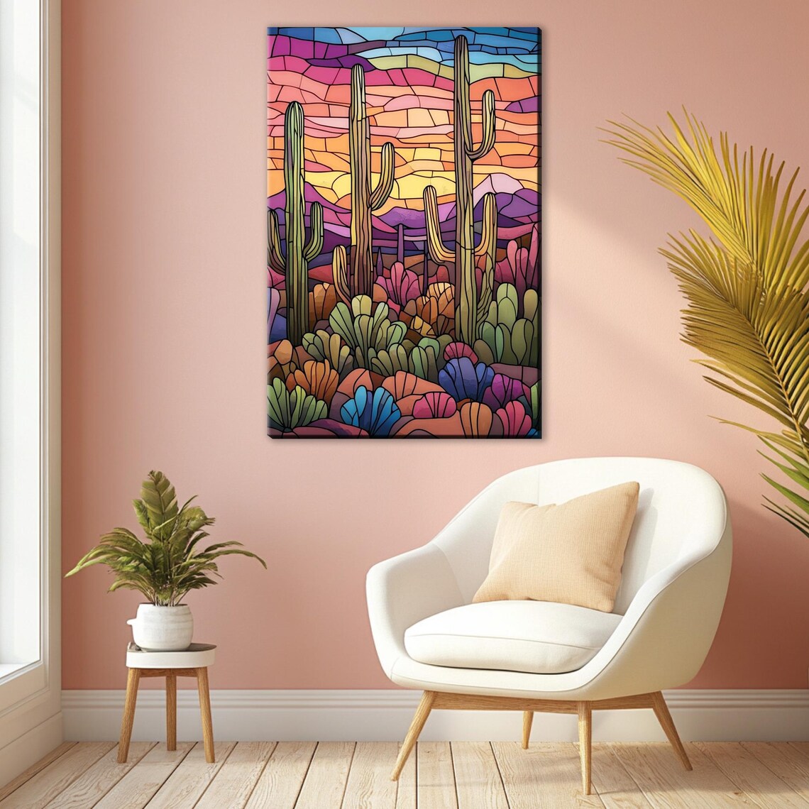 Stained Glass Saguaro Desert Sunset Cactus Landscape Art Poster Print - Image 3