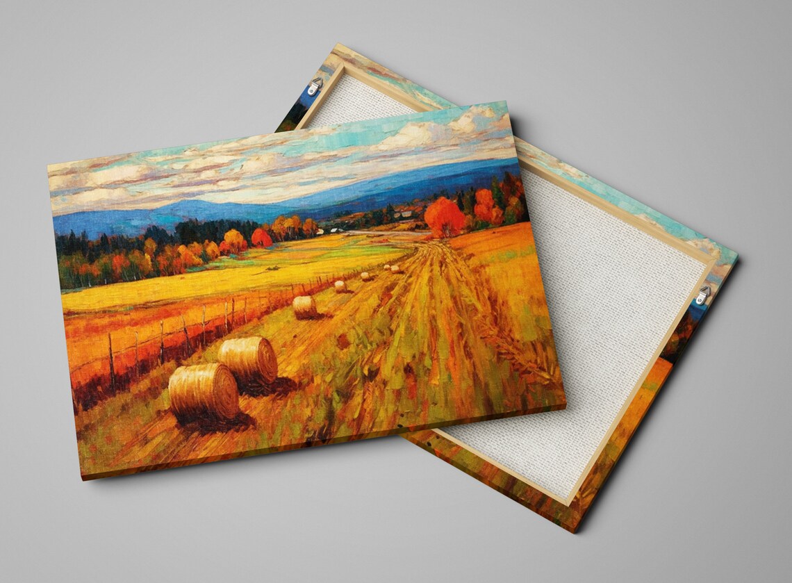 Golden Autumn Countryside Hay Bales Field Mountain Valley Poster - Image 4