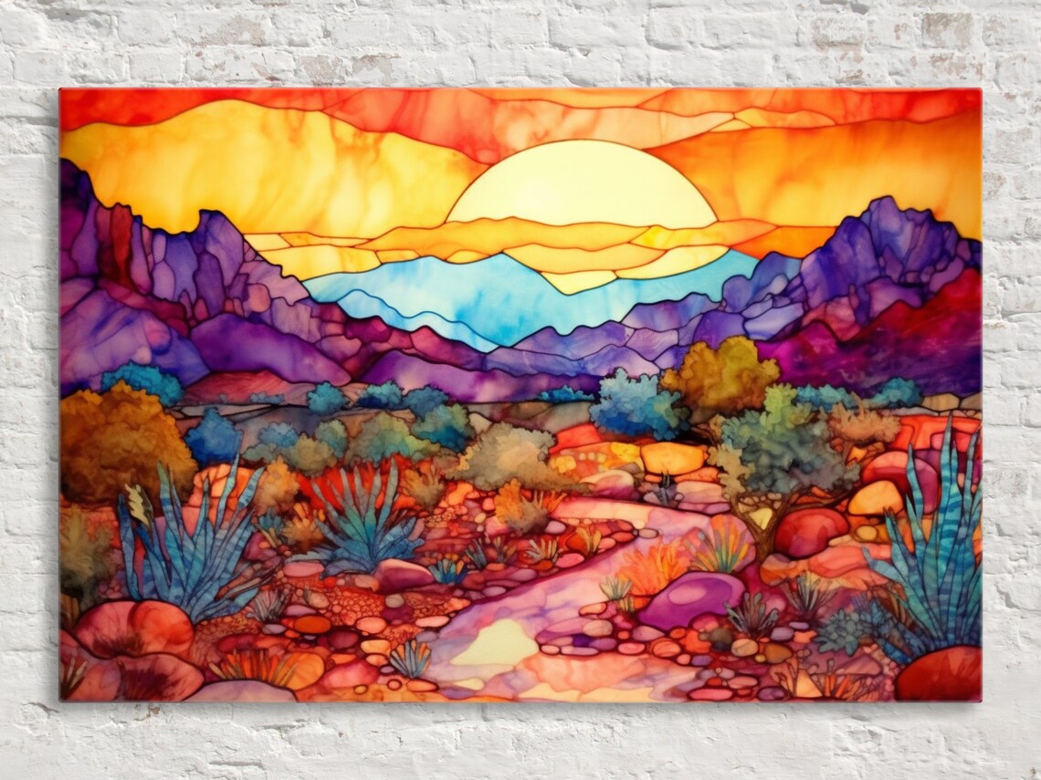 Desert Sunset Stained Glass Style Art Print, Arizona Scene