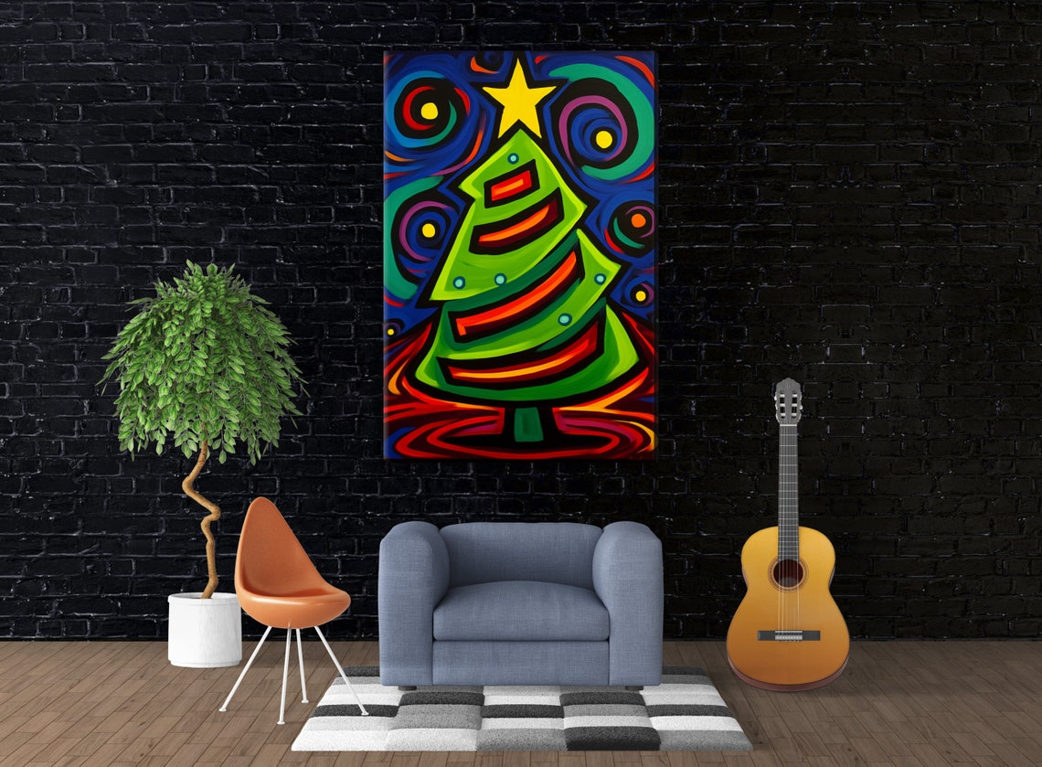 Cubist Cartoon Christmas Tree Bold Stripes Yellow Star Wall Art Poster - Image 4