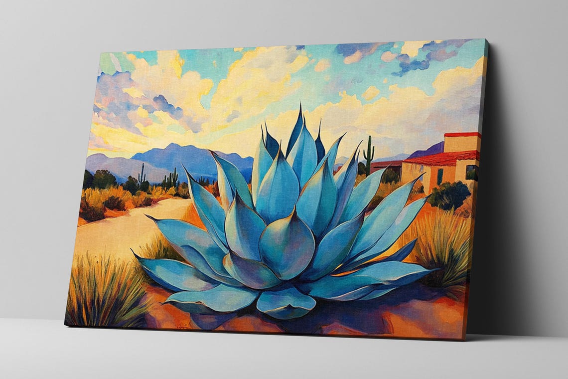 Blue Agave Cactus Desert Southwest Village Mountains Sunset Art Poster - Image 2