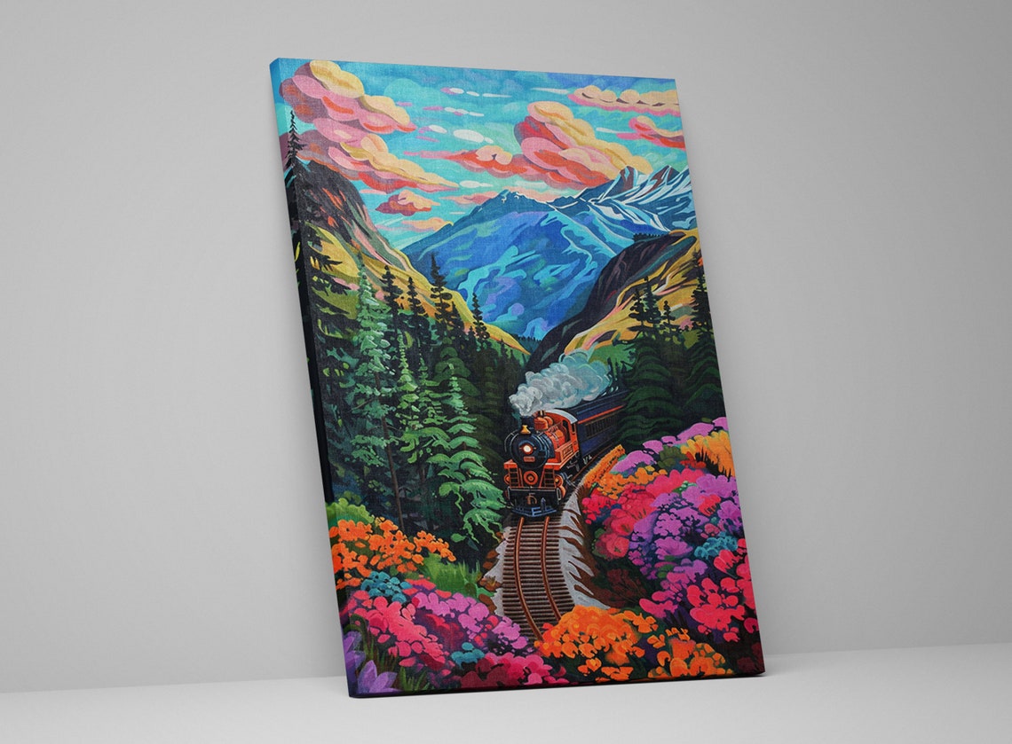 Steam Train Pink Flower Meadow Mountain Valley Pop Art Rail Poster - Image 5