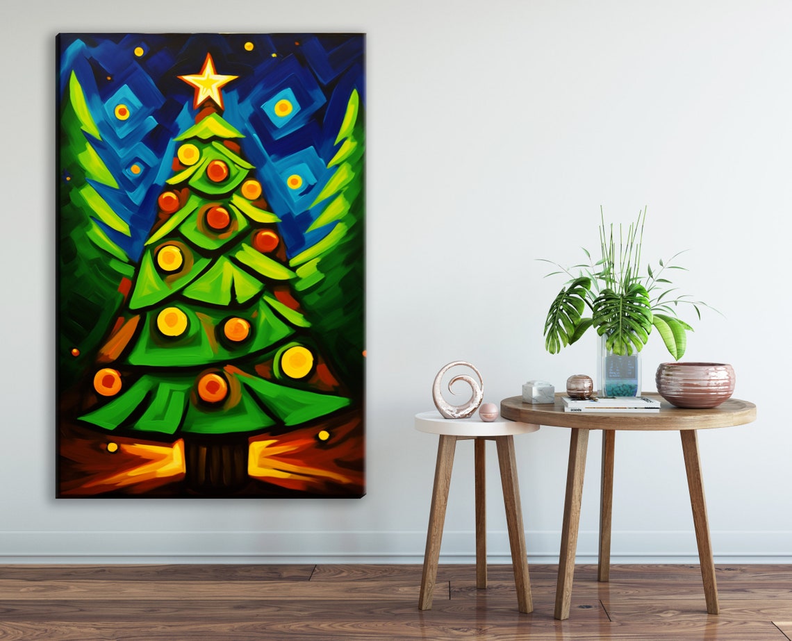 Geometric Abstract Christmas Tree Green Angles Star Topper Art Poster - Image 2