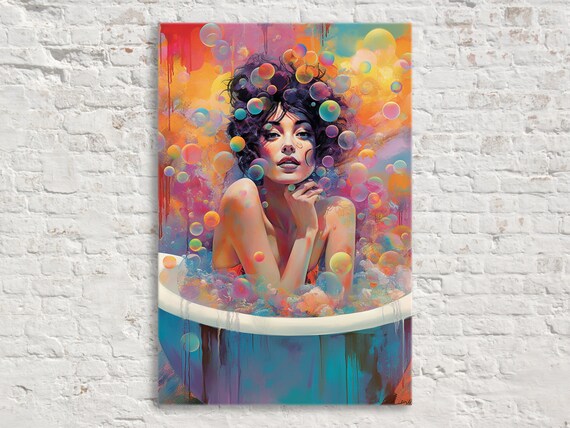 Feminine Woman in Bubble Bath Colorful Bubbles Dreamy Pop Art Poster