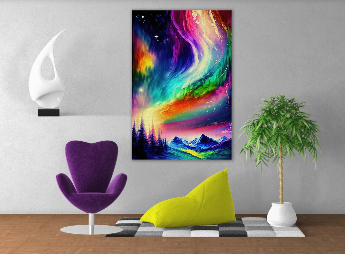Vibrant Northern Lights Landscape, Night Scene Art Print - Image 3