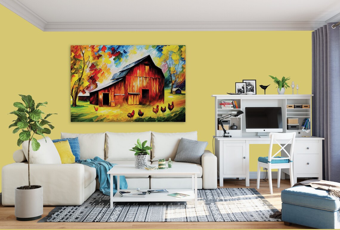 Red Barn Autumn Chickens Farmyard Colorful Oil Painting Art Poster - Image 4