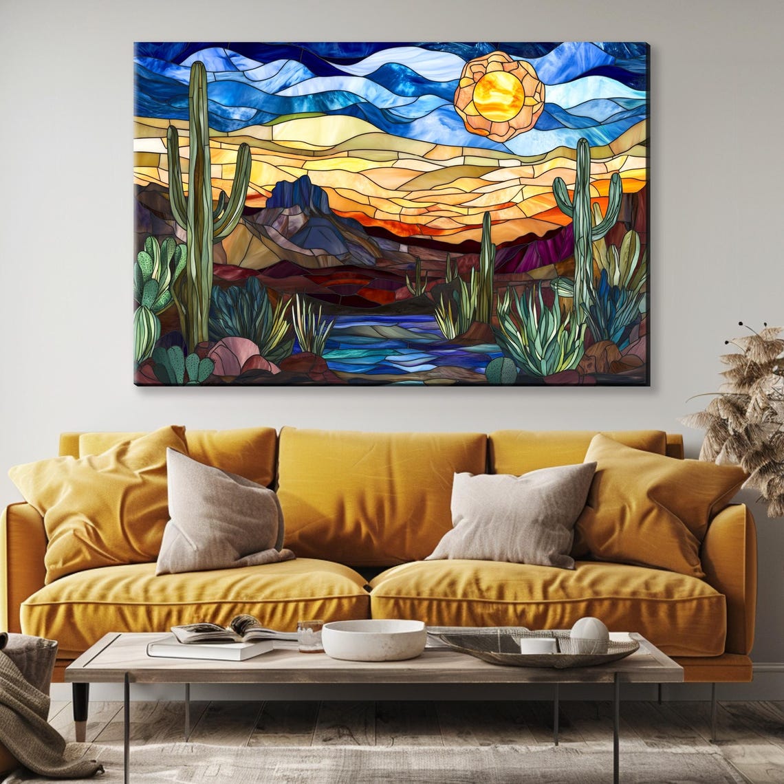 Stained Glass Desert Night Saguaro Cactus Under Sunset Sky Art Poster - Image 3