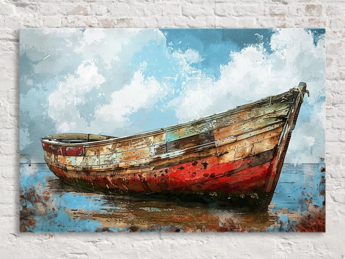 Old Red and White Boat Coastal Wall Art Print