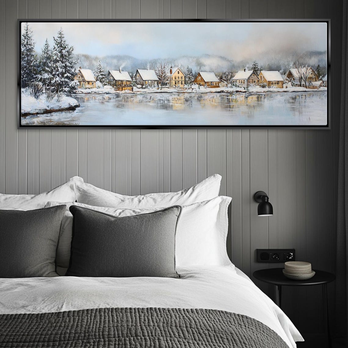 Boathouses On A Snowy Lake Panoramic Print Framed Unframed Long Horizontal Gallery Wrapped Ready To Hang Extra Large Wall Art - Image 5