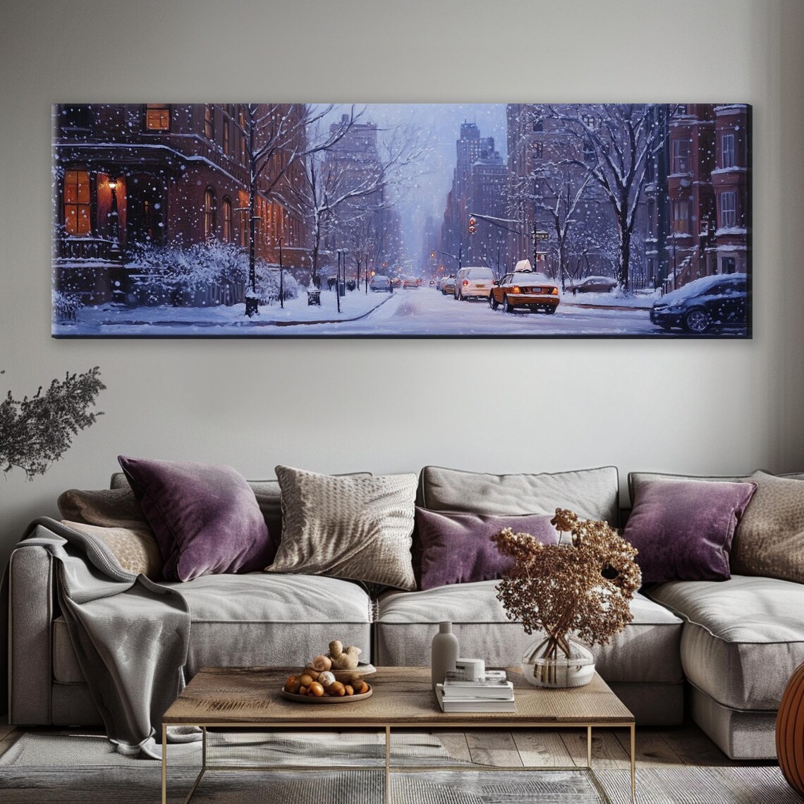 New York City Snowy Brownstone Street Yellow Taxi Night Lights Poster - Image 5