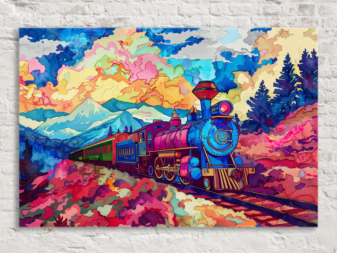 Watercolor Steam Train Blue Pink Pastel Mountain Landscape Poster