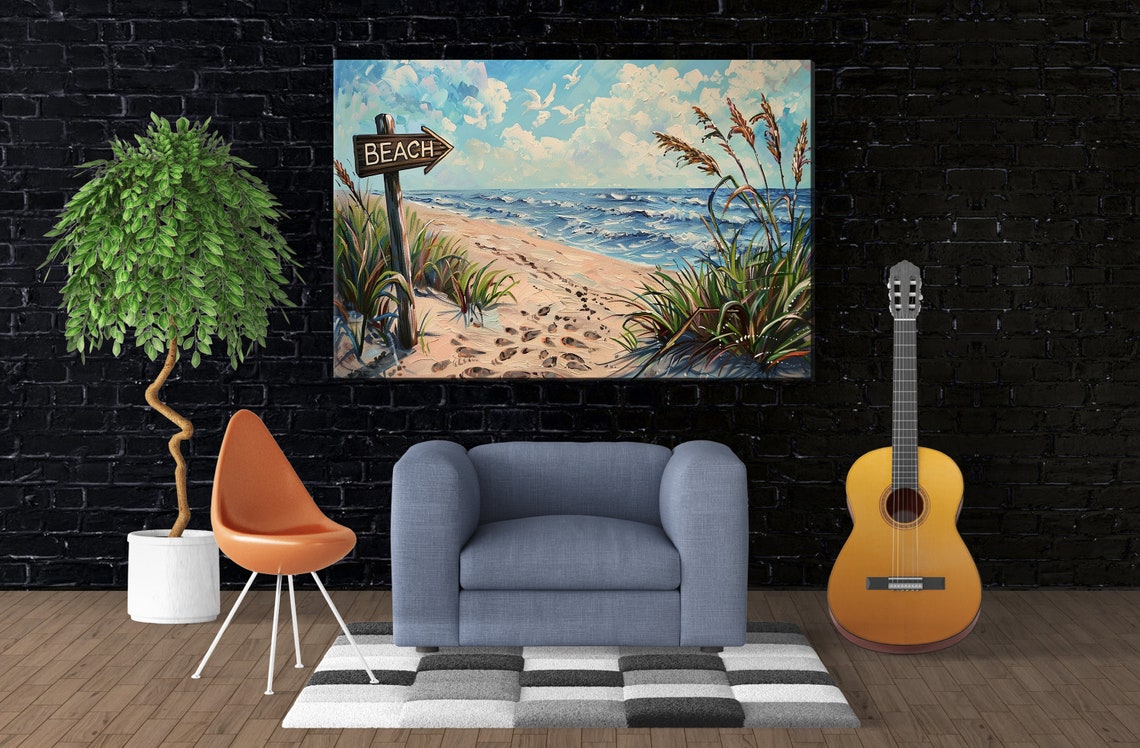 Beach Sign Post Sandy Dunes Seagulls Ocean Waves Coastal Poster - Image 3