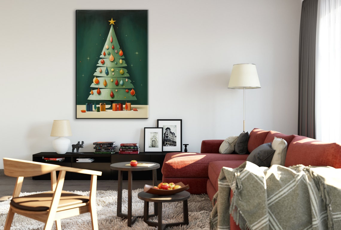Retro Mid Century Christmas Tree Teardrop Ornaments Night Art Poster - Image 3