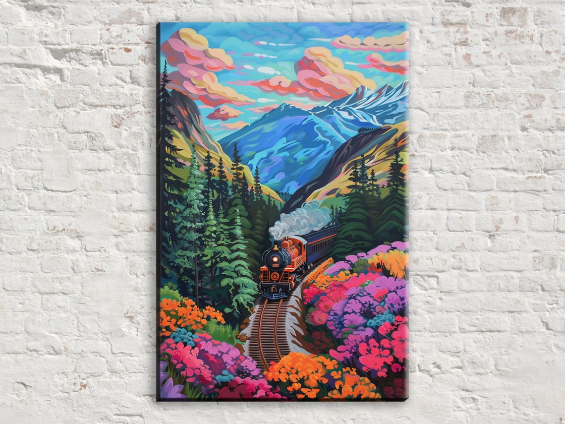 Steam Train Pink Flower Meadow Mountain Valley Pop Art Rail Poster