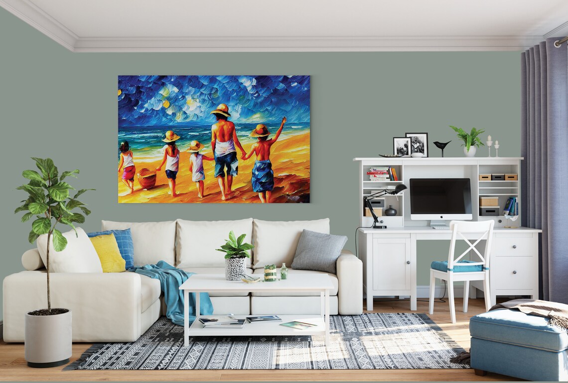 Family Walking Beach Golden Ocean Waves Colorful Impasto Art Poster - Image 2