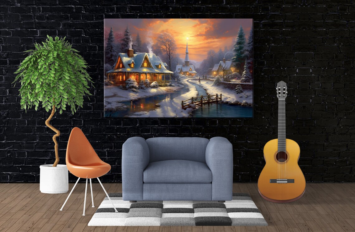 Snowy Village Church Glowing Cottage Winter Sunset Cozy Painting Print - Image 4