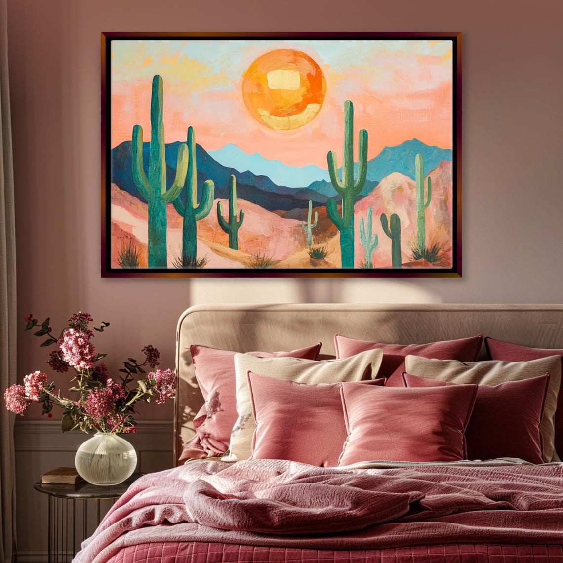 Saguaro Cactus Desert Sunset Painting Vibrant Boho Style Wall Art - Image 3