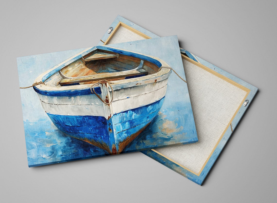 Tranquil Waters Rustic Blue Wooden Boat Print Giclee Print On Gallery Wrapped Artist Available In Extra Large Sizes - Image 4