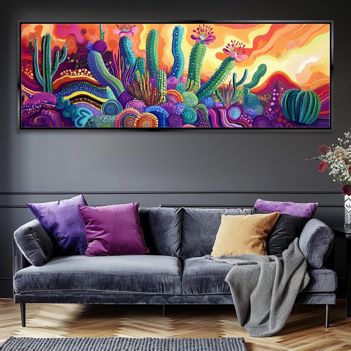 Saguaro Cactus Desert Sunset Psychedelic Colors Panoramic Wall Art - Image 3
